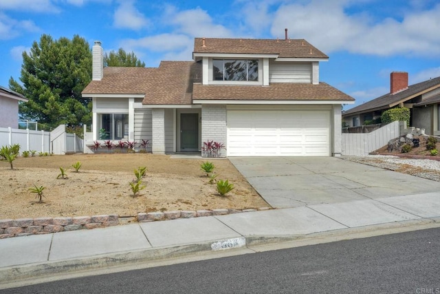 view of front of property featuring fence, a garage, driveway, and roof with shingles