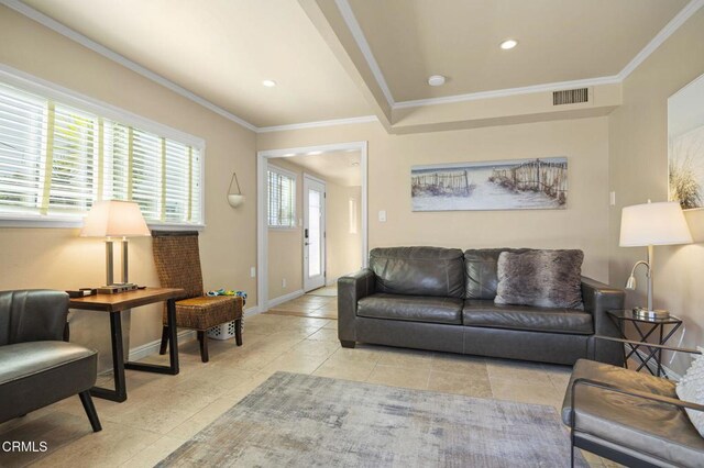 256 Melrose Dr, Oxnard, CA 93035 - tiled living area featuring crown molding, baseboards, and recessed lighting