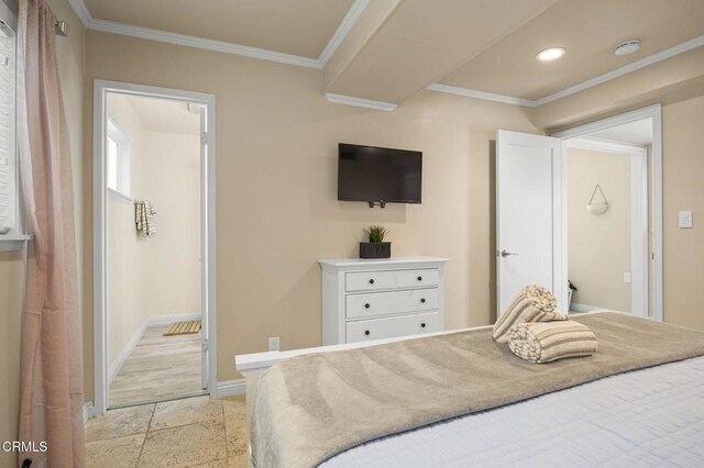 256 Melrose Dr, Oxnard, CA 93035 - bedroom with baseboards, crown molding, recessed lighting, and stone tile flooring