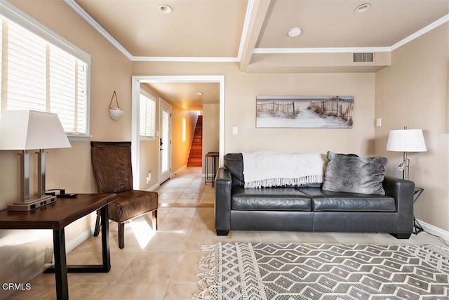 256 Melrose Dr, Oxnard, CA 93035 - living area with crown molding, light tile patterned floors, baseboards, stairs, and recessed lighting
