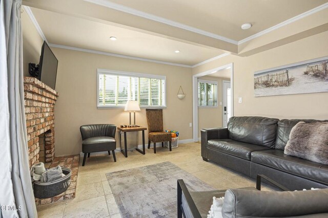 256 Melrose Dr, Oxnard, CA 93035 - tiled living room featuring a fireplace, crown molding, baseboards, and recessed lighting