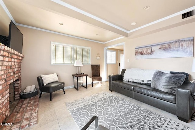 256 Melrose Dr, Oxnard, CA 93035 - living room with ornamental molding, a fireplace, and light tile patterned floors