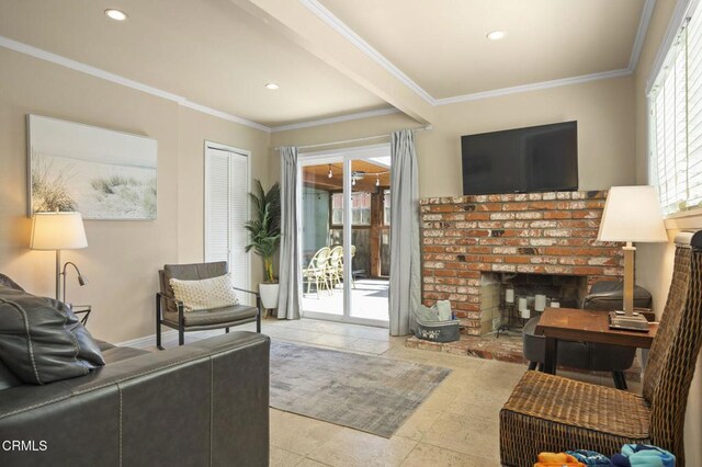 256 Melrose Dr, Oxnard, CA 93035 - living room featuring plenty of natural light, crown molding, recessed lighting, and a fireplace