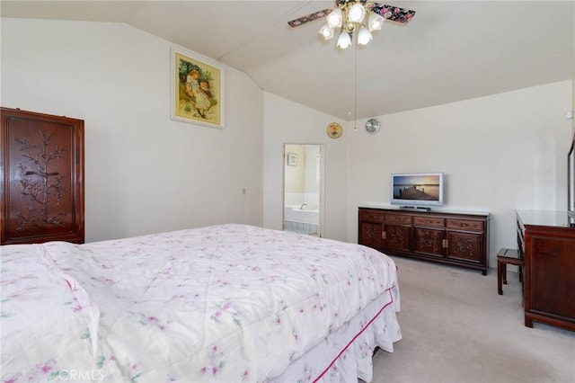 1158 Regal Canyon Dr, Walnut, CA 91789 - bedroom with vaulted ceiling, light colored carpet, ceiling fan, and ensuite bath