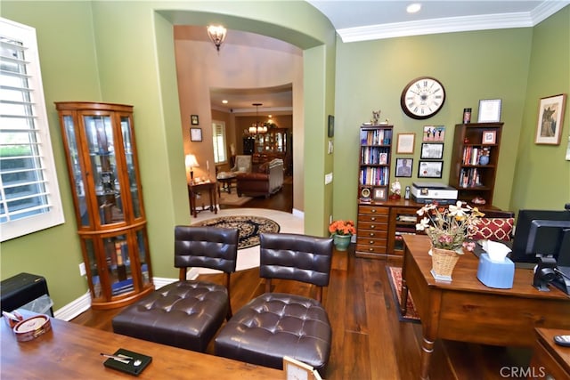 29424 Springside Dr, Menifee, CA 92584 - office space featuring dark wood finished floors, ornamental molding, arched walkways, healthy amount of natural light, and baseboards