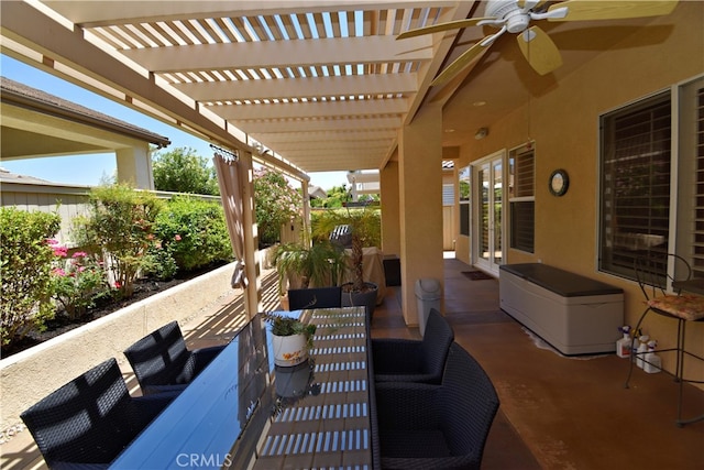 29424 Springside Dr, Menifee, CA 92584 - view of patio featuring french doors, a pergola, ceiling fan, and outdoor dining space