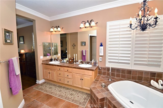 29424 Springside Dr, Menifee, CA 92584 - bathroom featuring double vanity, a garden tub, crown molding, tile patterned floors, and a chandelier