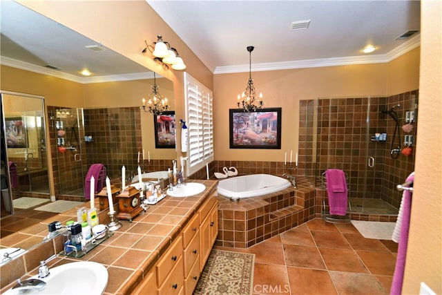 29424 Springside Dr, Menifee, CA 92584 - full bath with a chandelier, tile patterned flooring, a bath, double vanity, and a stall shower