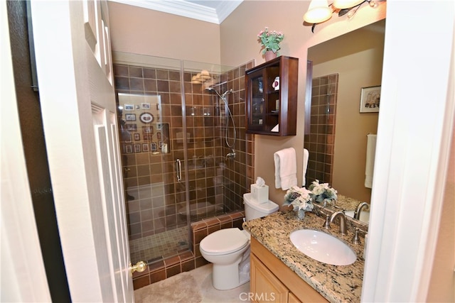 29424 Springside Dr, Menifee, CA 92584 - full bath featuring ornamental molding, a shower stall, toilet, vanity, and tile patterned flooring