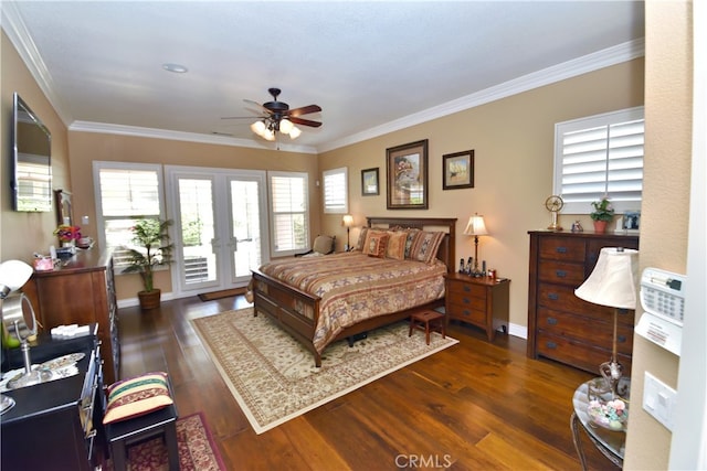 29424 Springside Dr, Menifee, CA 92584 - bedroom featuring access to exterior, crown molding, dark wood-type flooring, french doors, and baseboards