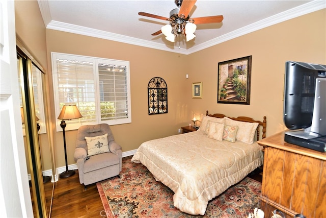 29424 Springside Dr, Menifee, CA 92584 - bedroom with crown molding, wood finished floors, baseboards, and ceiling fan