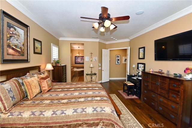 29424 Springside Dr, Menifee, CA 92584 - bedroom with wood finished floors, ornamental molding, baseboards, connected bathroom, and a ceiling fan