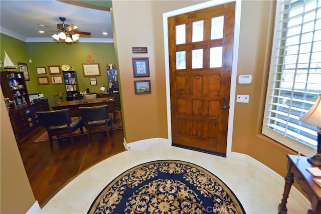 29424 Springside Dr, Menifee, CA 92584 - foyer entrance featuring ceiling fan, healthy amount of natural light, crown molding, recessed lighting, and baseboards