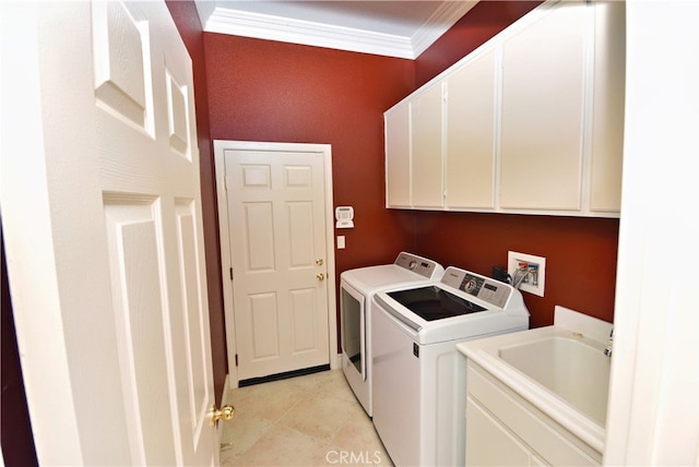 29424 Springside Dr, Menifee, CA 92584 - washroom featuring cabinet space, washer and clothes dryer, crown molding, and light tile patterned floors