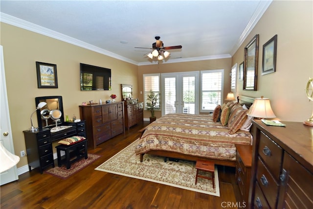 29424 Springside Dr, Menifee, CA 92584 - bedroom featuring french doors, dark wood finished floors, ornamental molding, a ceiling fan, and baseboards