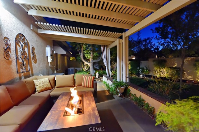 29424 Springside Dr, Menifee, CA 92584 - patio at twilight with an outdoor living space with a fire pit, a pergola, and a patio area