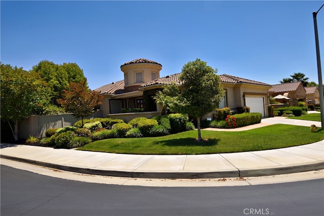 29424 Springside Dr, Menifee, CA 92584 - mediterranean / spanish-style house with a garage, concrete driveway, a tile roof, and stucco siding