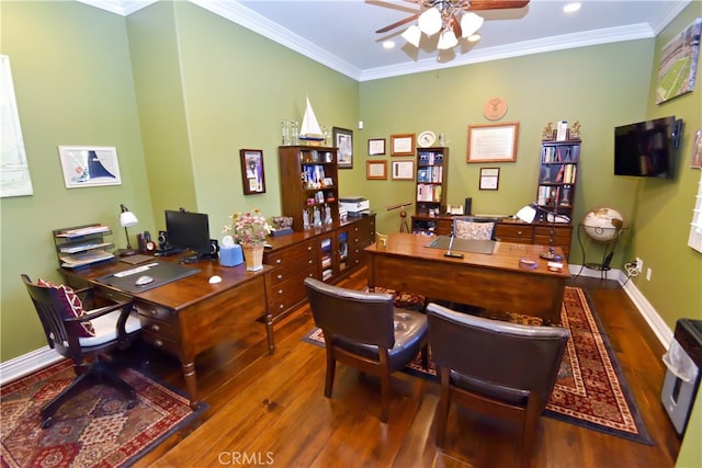 29424 Springside Dr, Menifee, CA 92584 - office featuring wood finished floors, ceiling fan, crown molding, baseboards, and recessed lighting