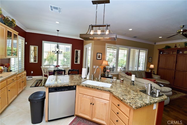 29424 Springside Dr, Menifee, CA 92584 - kitchen featuring stainless steel dishwasher, a sink, ceiling fan, open floor plan, and healthy amount of natural light