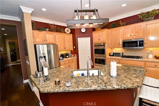 29424 Springside Dr, Menifee, CA 92584 - kitchen featuring appliances with stainless steel finishes, a sink, light brown cabinets, backsplash, and ornamental molding