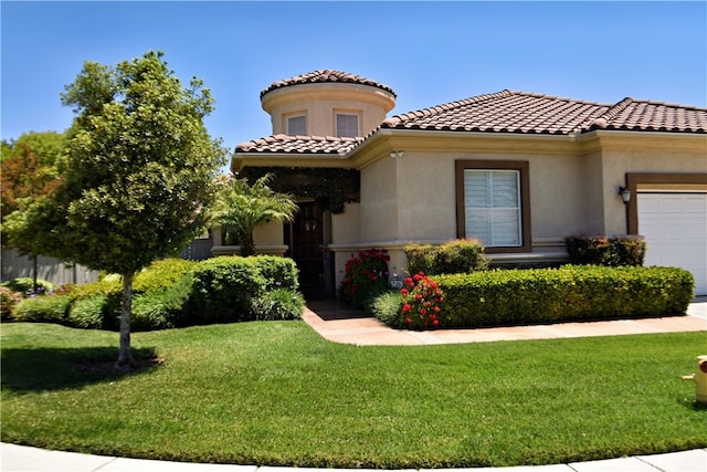 29424 Springside Dr, Menifee, CA 92584 - mediterranean / spanish house with an attached garage, a front yard, a tile roof, and stucco siding