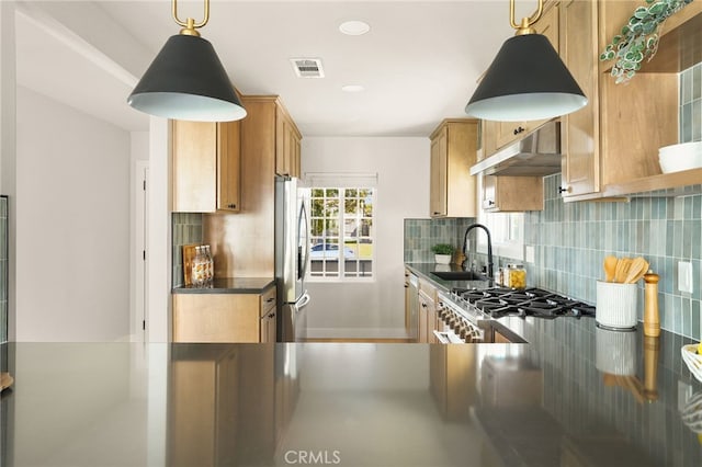 20010 Ingrum Way, Torrance, CA 90503 - kitchen with a sink, freestanding refrigerator, backsplash, under cabinet range hood, and dark countertops