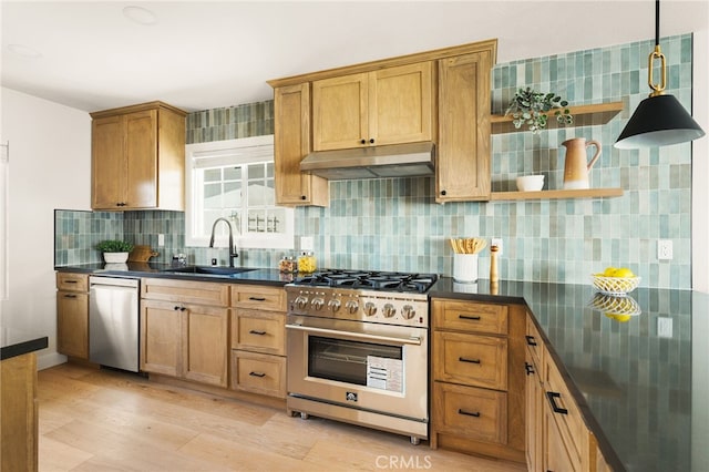 20010 Ingrum Way, Torrance, CA 90503 - kitchen with stainless steel appliances, under cabinet range hood, a sink, dark countertops, and decorative backsplash