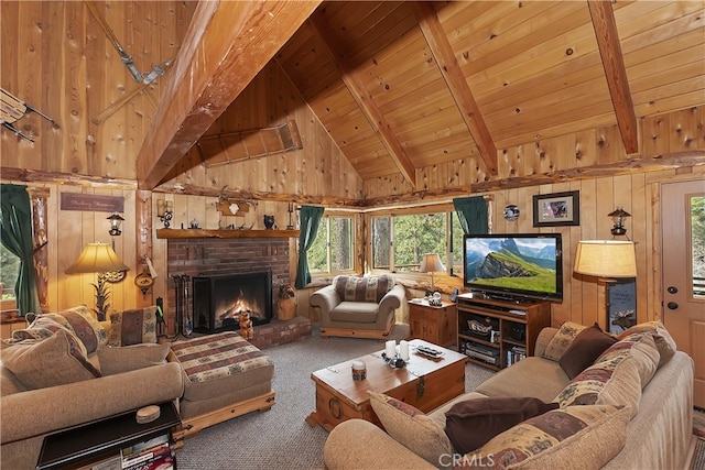 43214 Sunset Dr, Big Bear Lake, CA 92315 - living room with wooden walls, carpet, wood ceiling, and a brick fireplace