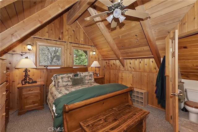 43214 Sunset Dr, Big Bear Lake, CA 92315 - bedroom featuring carpet floors, wooden walls, and wood ceiling