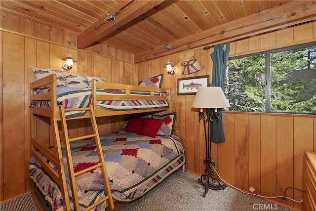 43214 Sunset Dr, Big Bear Lake, CA 92315 - bedroom with wood walls, carpet, and wood ceiling with exposed beams