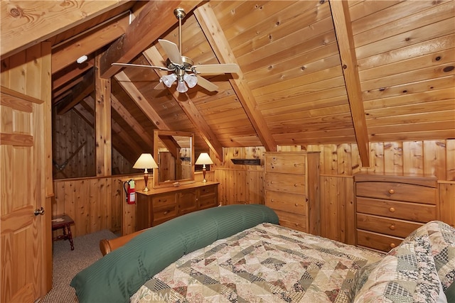 43214 Sunset Dr, Big Bear Lake, CA 92315 - bedroom featuring carpet flooring, wood walls, and wooden ceiling