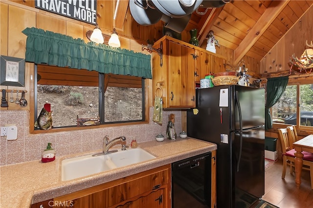 43214 Sunset Dr, Big Bear Lake, CA 92315 - kitchen with black appliances, a sink, backsplash, wood ceiling, and light countertops