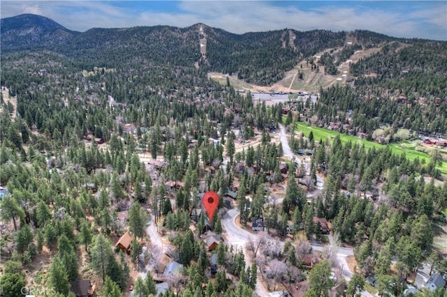 43214 Sunset Dr, Big Bear Lake, CA 92315 - aerial overview of property's location with a mountain backdrop and a heavily wooded area