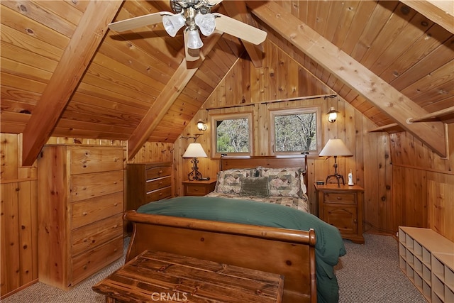 43214 Sunset Dr, Big Bear Lake, CA 92315 - bedroom featuring wooden ceiling, carpet, and wooden walls