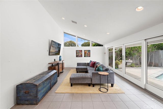 1601 Kent Ln, Newport Beach, CA 92660 - tiled living room featuring lofted ceiling, plenty of natural light, and recessed lighting