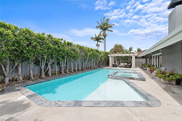 1601 Kent Ln, Newport Beach, CA 92660 - view of swimming pool featuring a pergola, a fenced backyard, a pool with connected hot tub, and a patio area