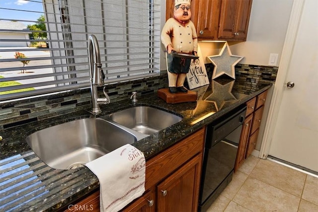168 Radford Ct, Riverside, CA 92507 - kitchen with dishwasher, a sink, light tile patterned floors, dark stone countertops, and brown cabinetry
