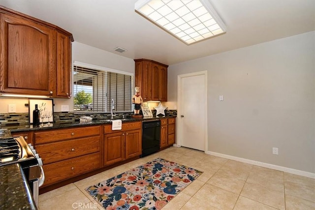 168 Radford Ct, Riverside, CA 92507 - kitchen featuring black dishwasher, brown cabinetry, stainless steel range with gas stovetop, and light tile patterned floors