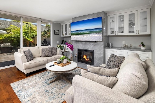 16422 Harbour Ln Unit 17, Huntington Beach, CA 92649 - living area with hardwood / wood-style flooring, a large fireplace, and crown molding