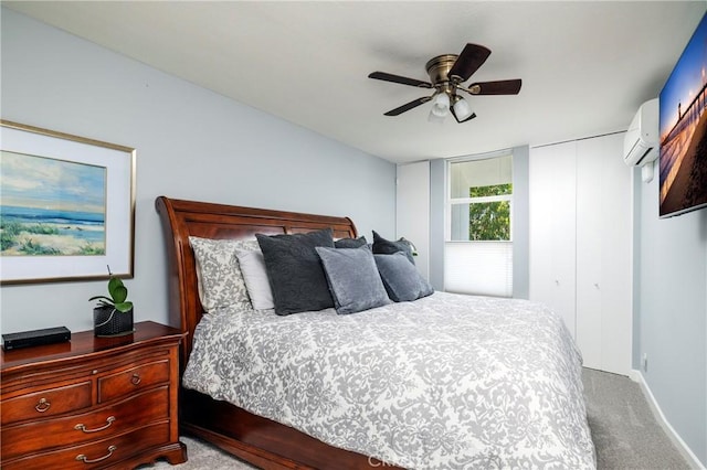 16422 Harbour Ln Unit 17, Huntington Beach, CA 92649 - carpeted bedroom with an AC wall unit, a closet, ceiling fan, and baseboards