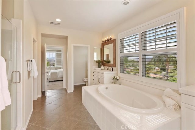 27086 Maple Tree Ct, Valencia, CA 91381 - ensuite bathroom with toilet, vanity, tile patterned floors, a bath, and a stall shower