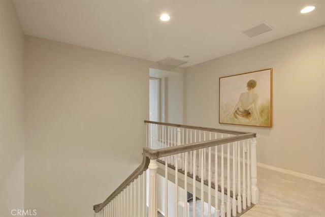 27086 Maple Tree Ct, Valencia, CA 91381 - hallway featuring an upstairs landing, carpet, recessed lighting, and baseboards