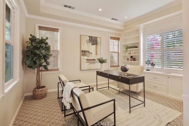 27086 Maple Tree Ct, Valencia, CA 91381 - carpeted home office featuring ornamental molding, baseboards, and built in shelves
