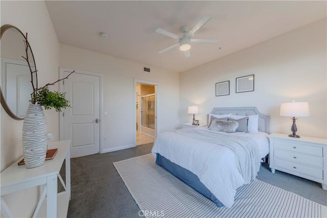 28220 Highridge Rd Unit 104, Rancho Palos Verdes, CA 90275 - bedroom with carpet flooring, baseboards, connected bathroom, and ceiling fan