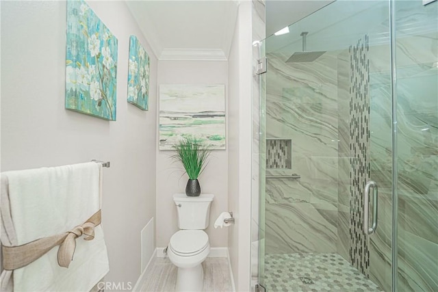 3365 Punta Alta Unit 3C, Laguna Woods, CA 92637 - full bath with a shower stall, crown molding, toilet, and baseboards