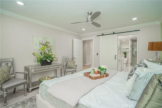 3365 Punta Alta Unit 3C, Laguna Woods, CA 92637 - bedroom featuring crown molding, a barn door, recessed lighting, light wood finished floors, and a ceiling fan
