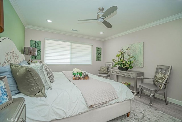 3365 Punta Alta Unit 3C, Laguna Woods, CA 92637 - bedroom featuring wood finished floors, crown molding, baseboards, a ceiling fan, and recessed lighting