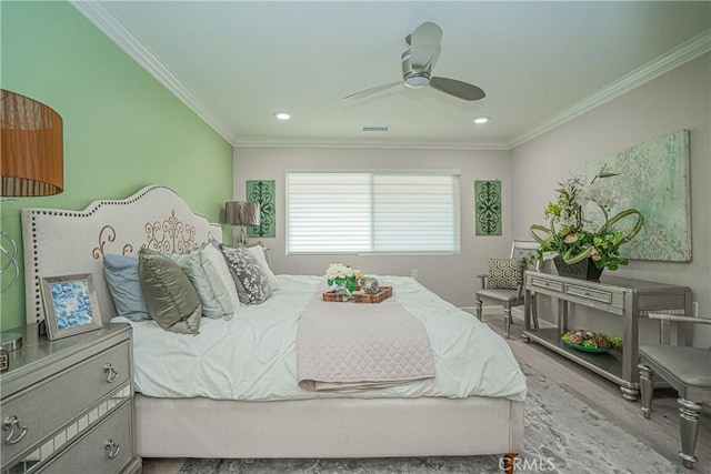 3365 Punta Alta Unit 3C, Laguna Woods, CA 92637 - bedroom with ornamental molding, wood finished floors, a ceiling fan, and recessed lighting