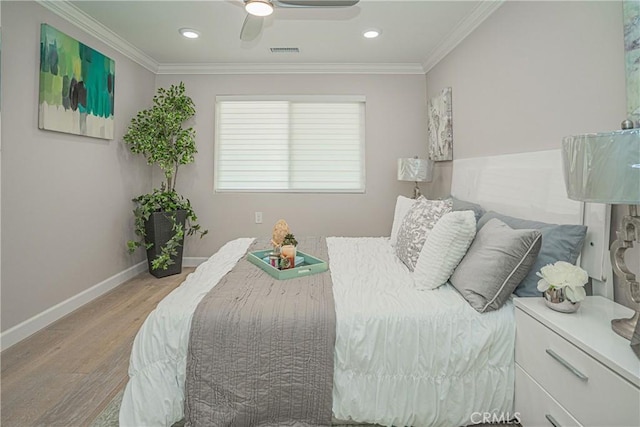 3365 Punta Alta Unit 3C, Laguna Woods, CA 92637 - bedroom featuring wood finished floors, baseboards, ornamental molding, a ceiling fan, and recessed lighting