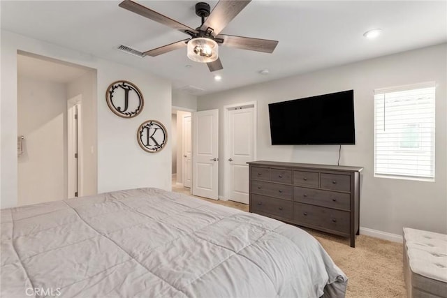 16073 Narni Ln, Fontana, CA 92336 - bedroom with baseboards, light carpet, recessed lighting, and a ceiling fan